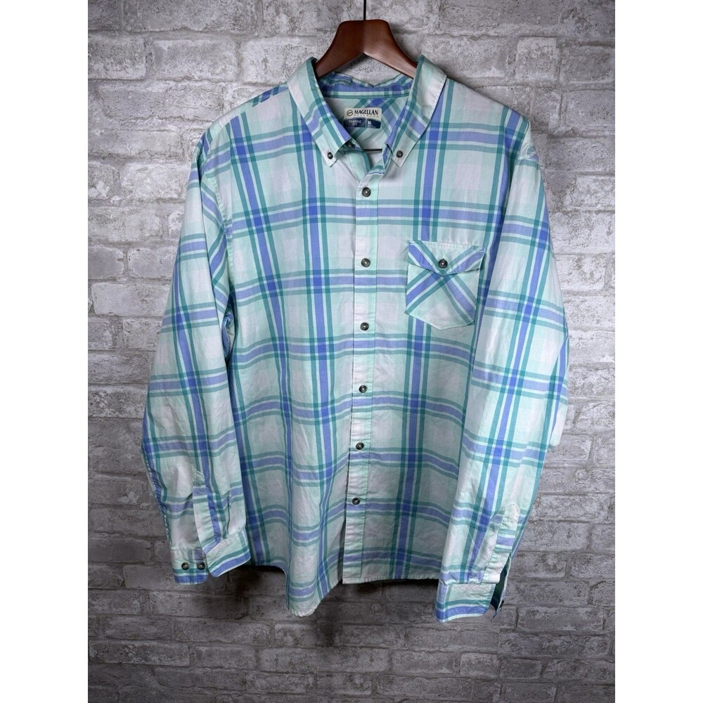 Magellan Outdoors XL Plaid Fishing Shirt Mens Button Down Mint Blue Classic